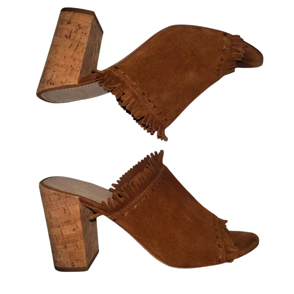 TORY BURCH Huntington Brown Suede Fringe Cork Block Heel Slide-on Sandal Size 9M